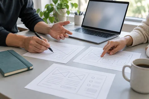 A software planning discussion with paper wireframes and a laptop.
